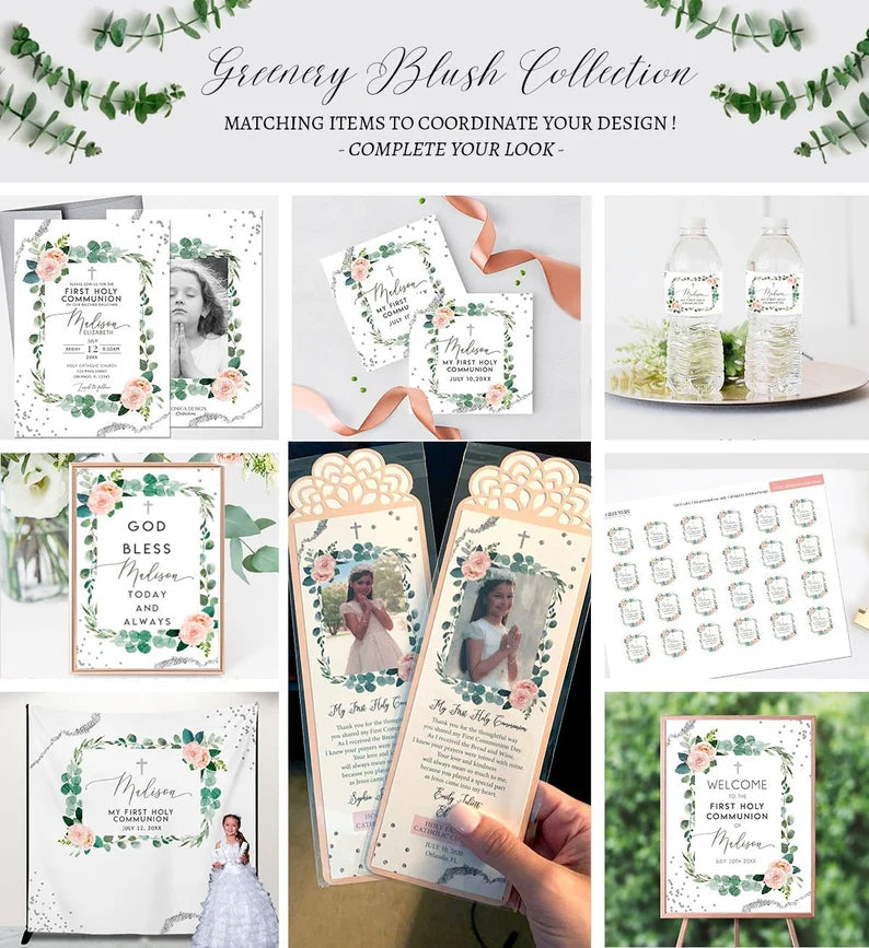 First Communion Welcome Sign Personalized | Greenery Floral Blush Madison Collection First Communion Board, Floral Blush Welcome Sign