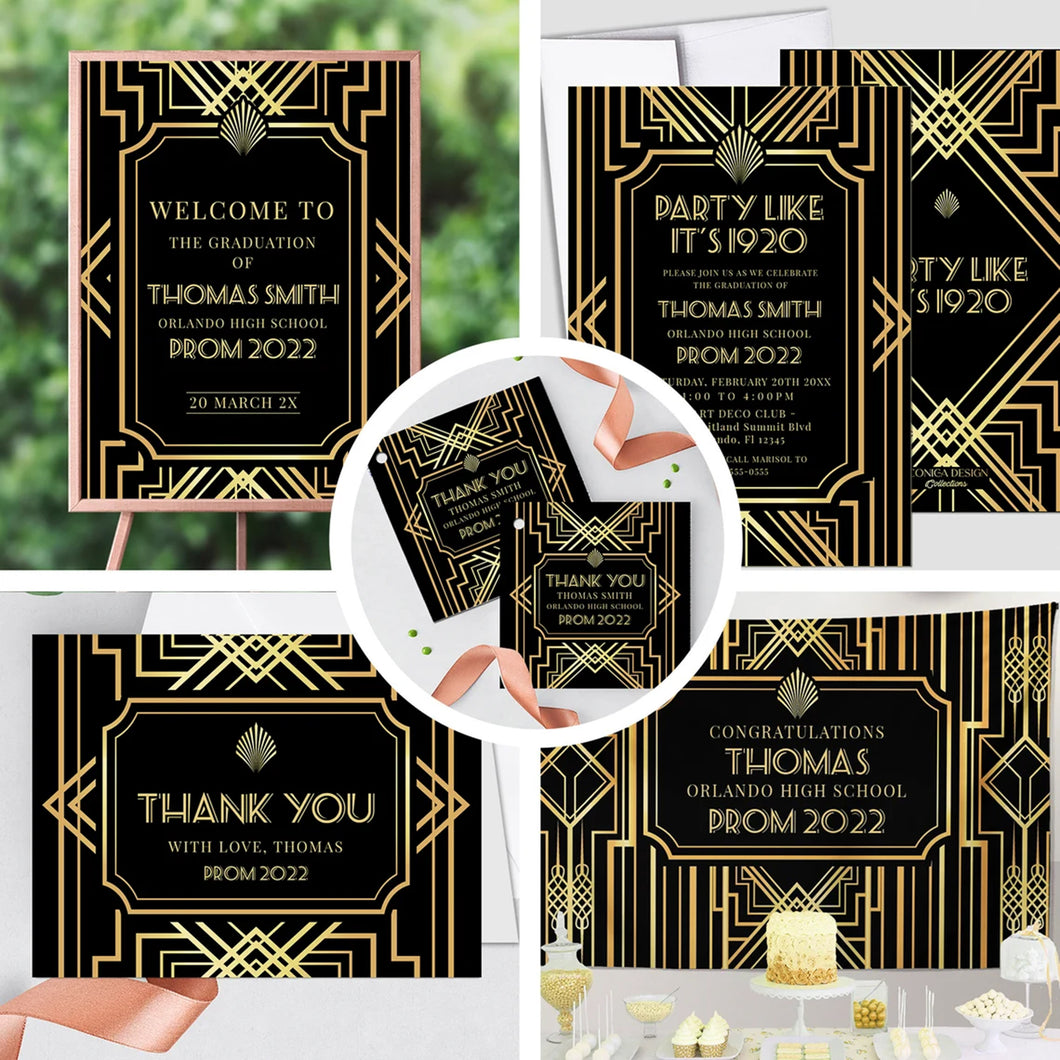 Roaring 20s Invitation and Decorations for Graduation, Great Gatsby Decorations,Roaring 20s Sign Banner Cards and Favor tags Set,1920s theme