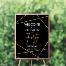 Load image into Gallery viewer, Geometric Modern Welcome Sign Personalized, Geometric black and gold custom board
