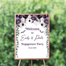 Load image into Gallery viewer, Halloween Engagement Party Backdrop Personalized, Till Death Do Us Part Decorations,Purple Halloween decorations,Halloween Floral background
