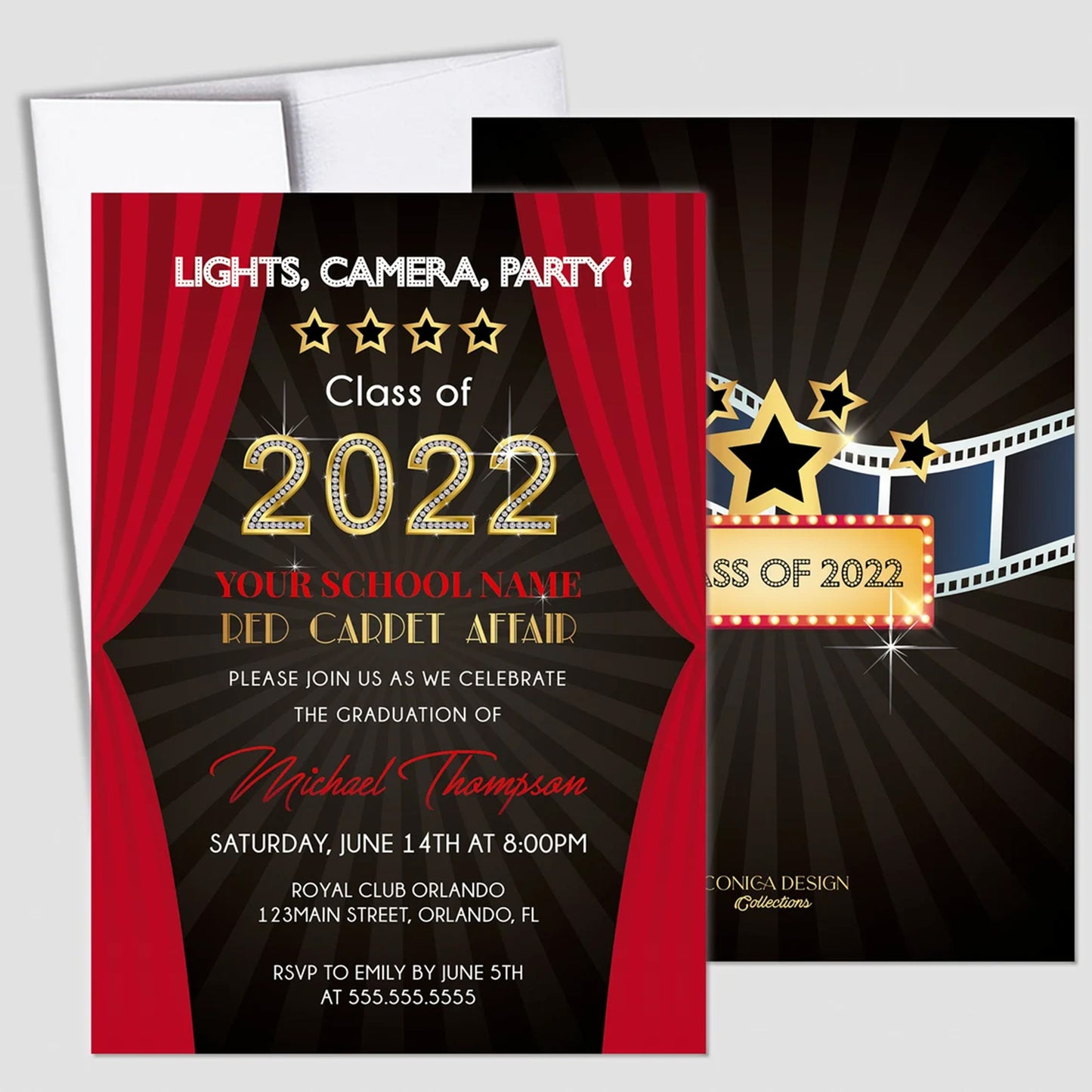 Hollywood theme Thank You Cards set Of 10 A2 Folded Cards Printed, Hollywood Red Carpet Cards,White A2 Envelopes Included,Oscars Movie Theme