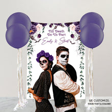 Load image into Gallery viewer, Halloween Engagement Party Backdrop Personalized, Till Death Do Us Part Decorations,Purple Halloween decorations,Halloween Floral background
