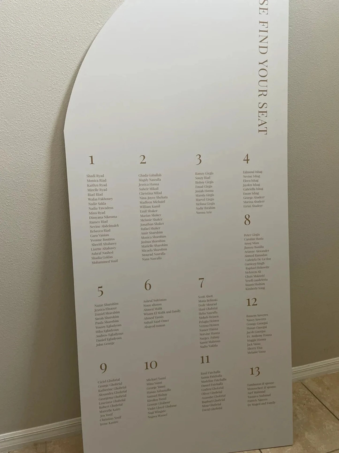Custom Arch Wedding Seating Chart Sign — Personalized Foam Board with Easel