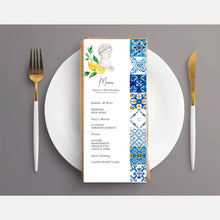 Load image into Gallery viewer, Tuscan Lemon Menu Card Printed Menus, Positano Menus for Birthday, Weddings or any event, Mediterranean menu cards, Amalfi theme party
