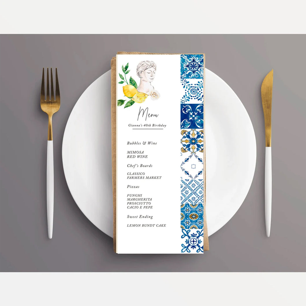 Tuscan Lemon Menu Card Printed Menus, Positano Menus for Birthday, Weddings or any event, Mediterranean menu cards, Amalfi theme party