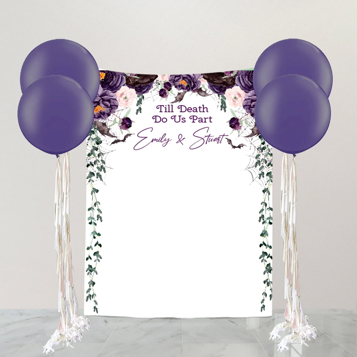 Halloween Engagement Party Backdrop Personalized, Till Death Do Us Part Decorations,Purple Halloween decorations,Halloween Floral background
