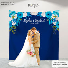 Load image into Gallery viewer, Wedding Backdrops, Birthday Backdrop, Floral Blue Photo Backdrop, Navy Blue Wedding Decor, Personalized, BWD0017 Engagement backdrops
