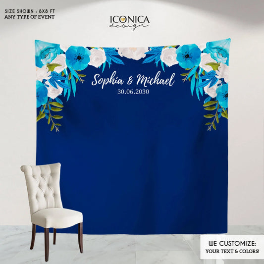 Wedding Backdrops, Birthday Backdrop, Floral Blue Photo Backdrop, Navy Blue Wedding Decor, Personalized, BWD0017 Engagement backdrops