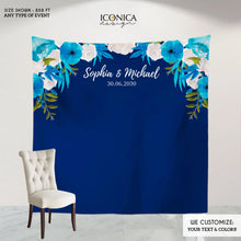 Load image into Gallery viewer, Wedding Backdrops, Birthday Backdrop, Floral Blue Photo Backdrop, Navy Blue Wedding Decor, Personalized, BWD0017 Engagement backdrops
