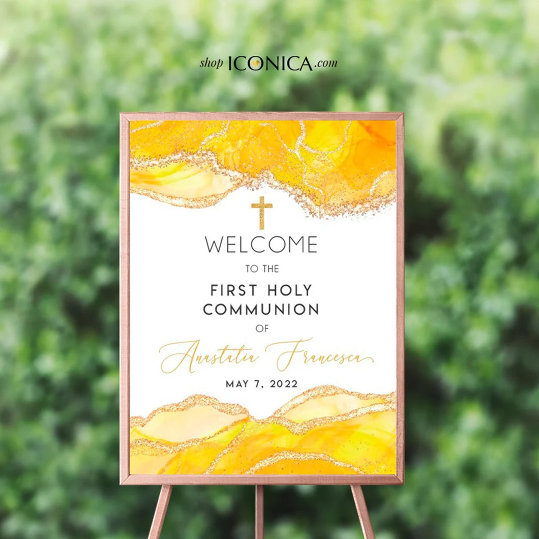 First Communion Welcome Sign Personalized | Yellow Geode Sign Agate Yellow and Gold Decor | Yellow First Communion Board {Geode Collection}