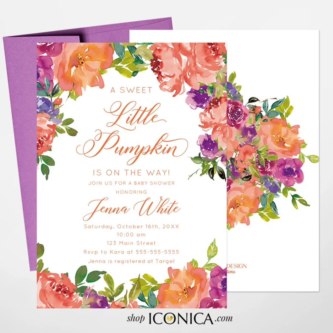 Little Pumpkin Baby Shower Invitation,Fall Shower invitation,Floral Harvest invitation { Jenna }