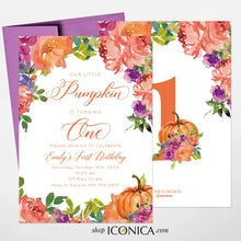 Load image into Gallery viewer, Pumpkin First Birthday Invitation, Fall in Love Bridal Shower Invitation,Fall Engagement party invitation,Floral Thanksgiving invitation
