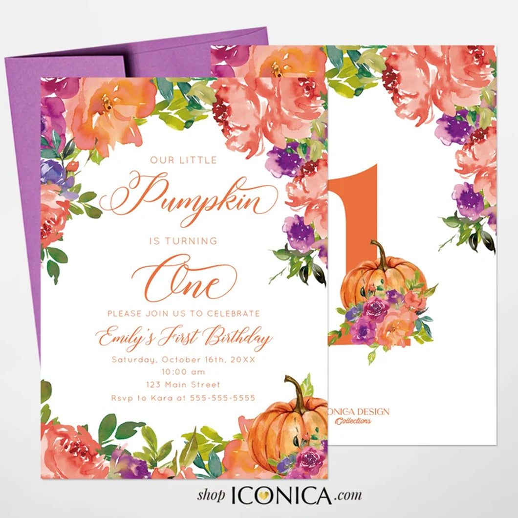 Pumpkin First Birthday Invitation, Fall in Love Bridal Shower Invitation,Fall Engagement party invitation,Floral Thanksgiving invitation
