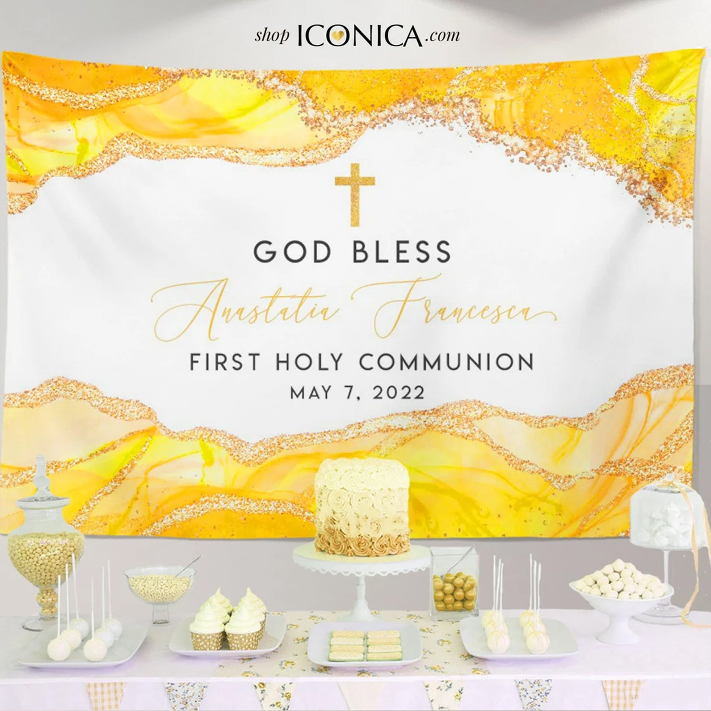 First Communion backdrop Boy or Girl Geode Theme Yellow Agate, Communion backdrop boy, First Holy Communion Photo backdrop, Communion Banner