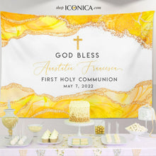Load image into Gallery viewer, First Communion backdrop Boy or Girl Geode Theme Yellow Agate, Communion backdrop boy, First Holy Communion Photo backdrop, Communion Banner
