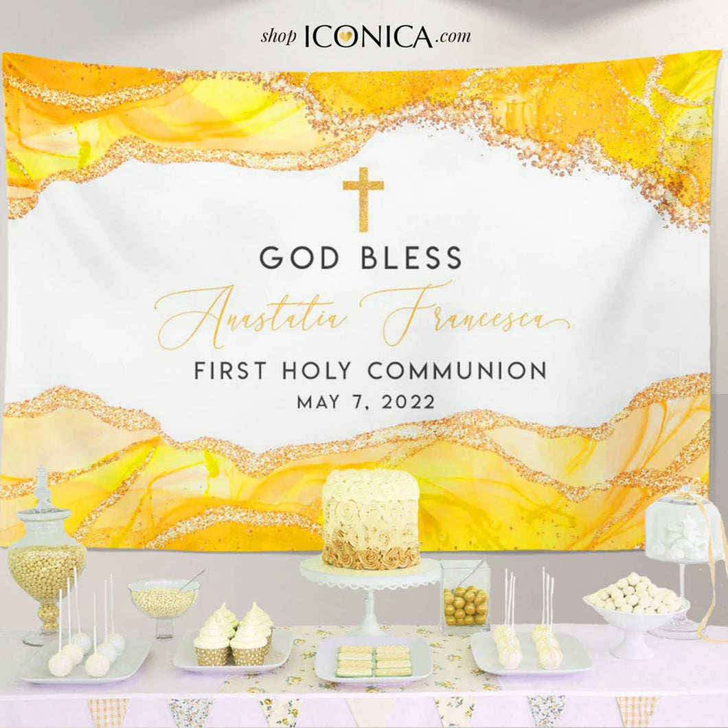 First Communion backdrop Boy or Girl Geode Theme Yellow Agate, Communion backdrop boy, First Holy Communion Photo backdrop, Communion Banner