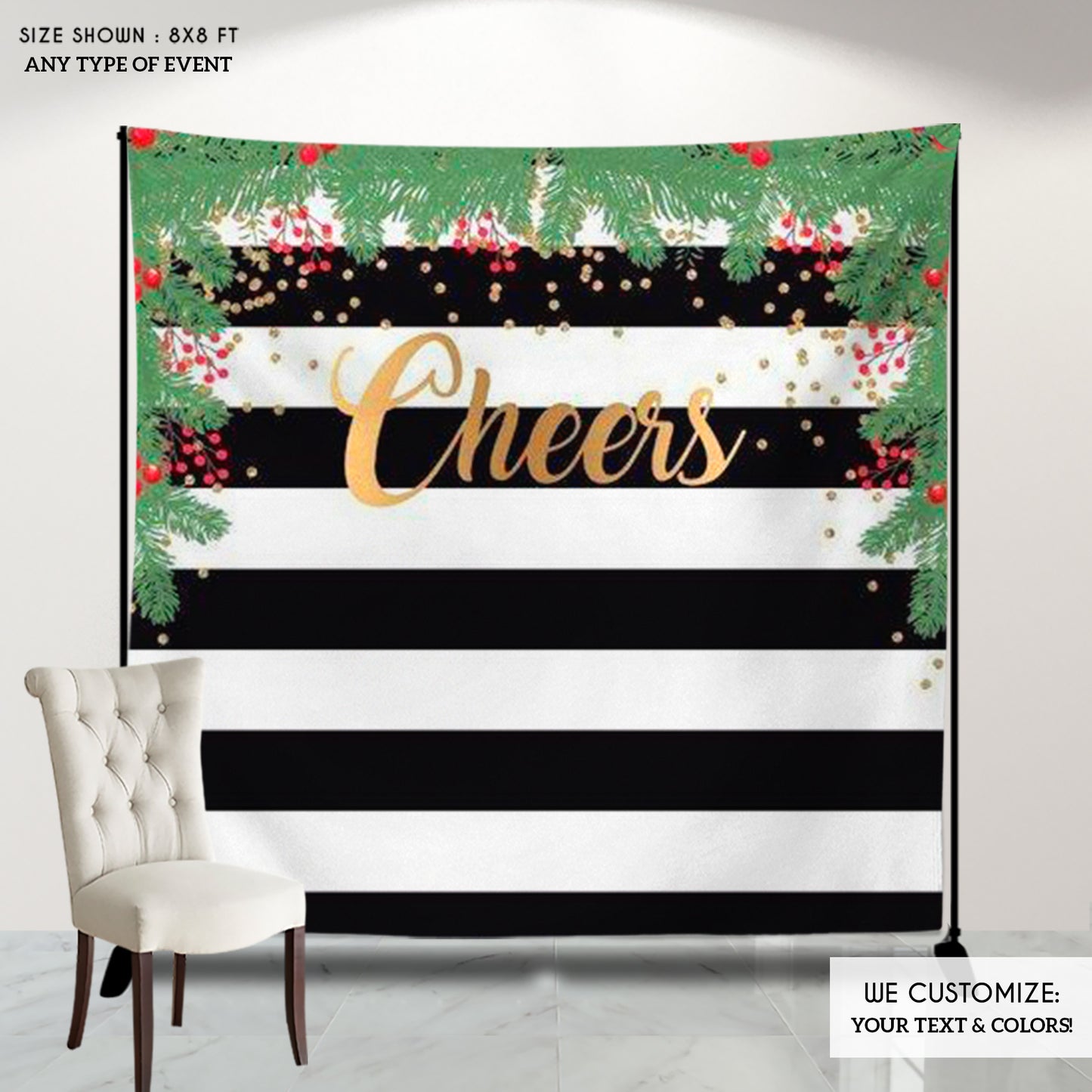 Christmas backdrop,Holiday Decor Photo Booth Backdrop,Christmas photo backdrop,Cheers, Festive Wreath Backdrop, Printed  BHO0012