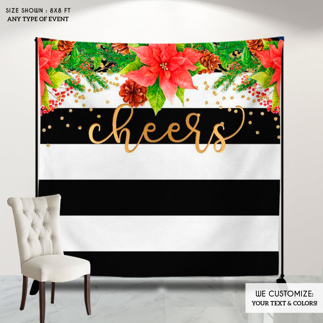 Holiday Photo Booth Backdrop, Christmas Party backdrop, CHEERS Festive Backdrop, Striped Holiday Banner, Printed BHO0015