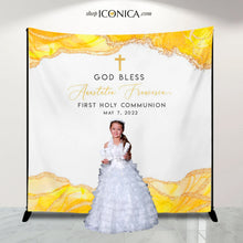 Load image into Gallery viewer, First Communion backdrop Boy or Girl Geode Theme Yellow Agate, Communion backdrop boy, First Holy Communion Photo backdrop, Communion Banner
