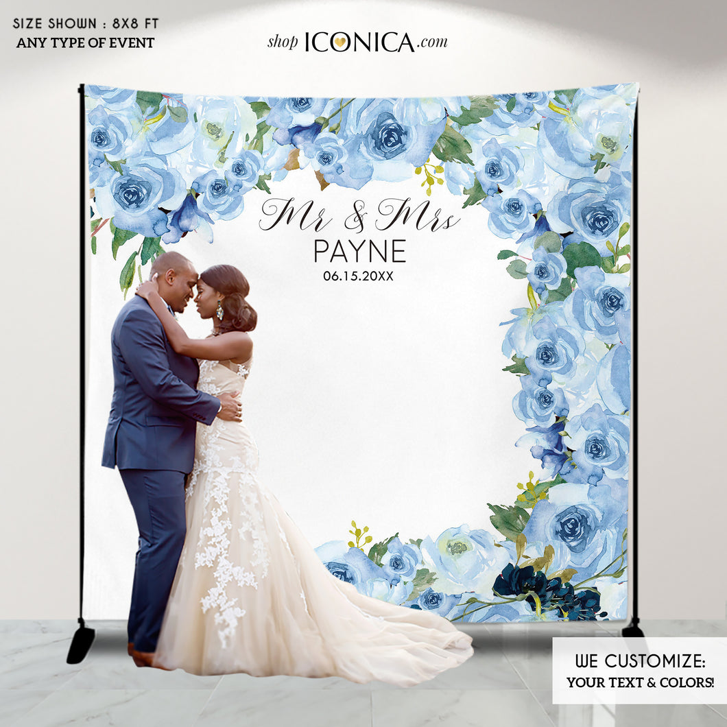 Wedding Backdrop Decor - Vinyl Backdrop - Party Decor Banner - Blue Flower Banner - Floral Backdrop - Bridal Backdrop BWD0049