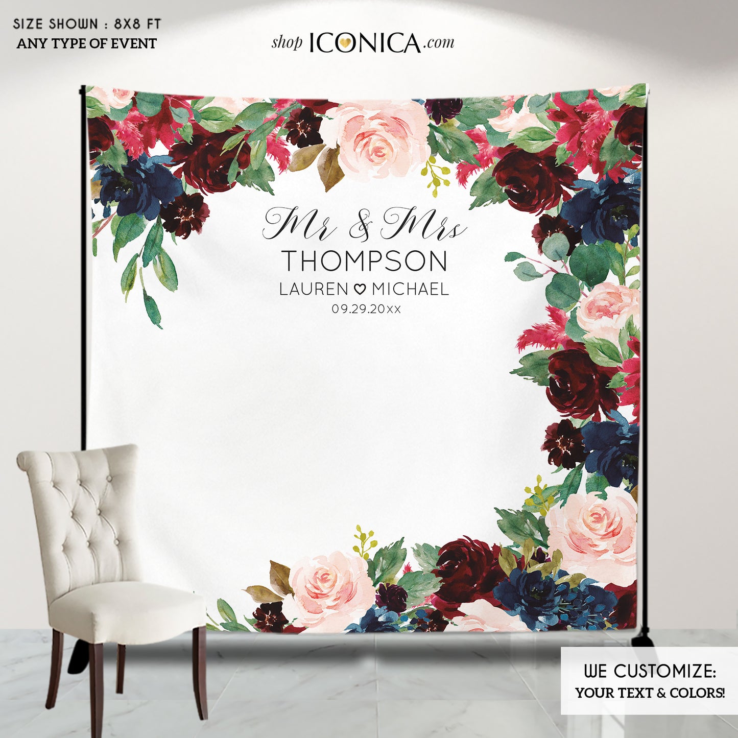 Wedding Backdrop Burgundy and Navy Backdrop Personalized step and repeat Engagement Party Burgundy Floral backdrop {AVA Collection}