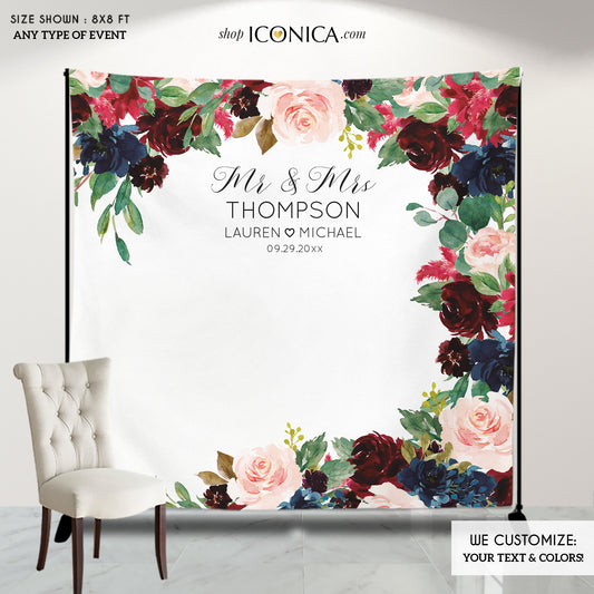 Wedding Backdrop Burgundy and Navy Backdrop Personalized step and repeat Engagement Party Burgundy Floral backdrop {AVA Collection}