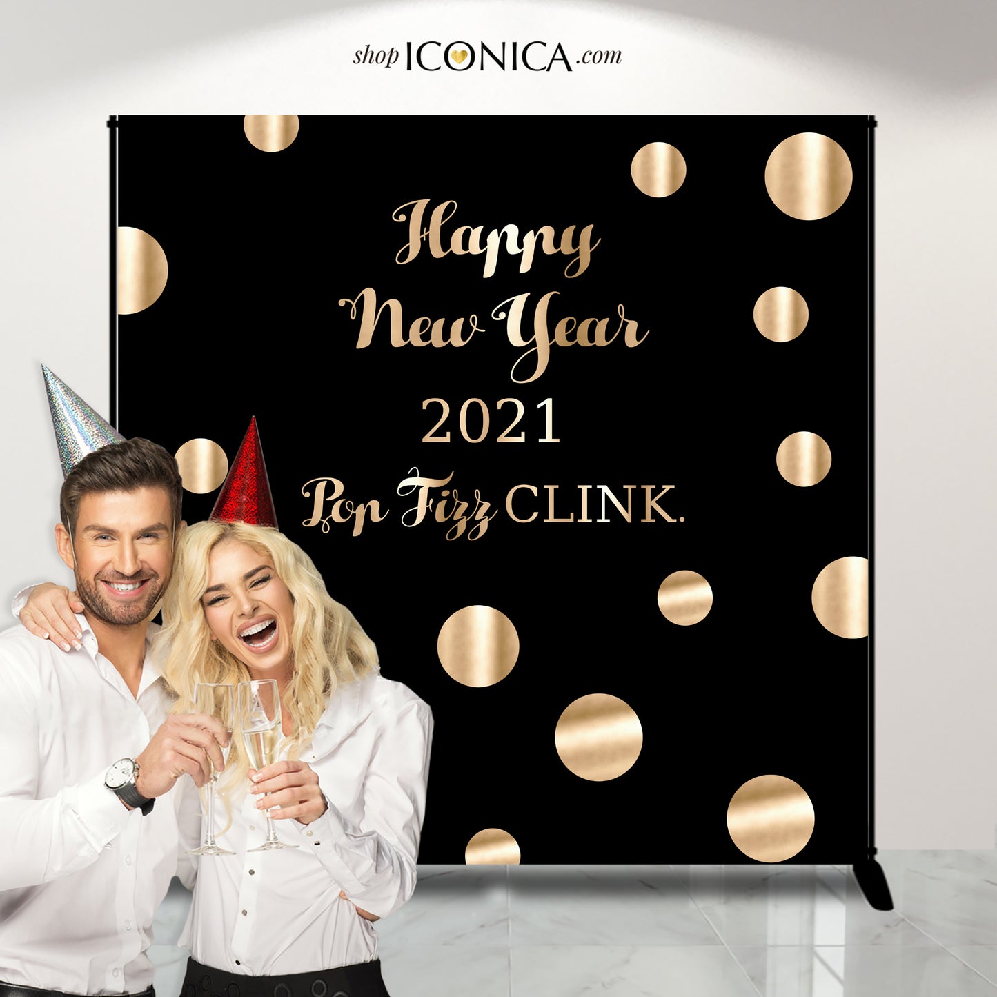Pop Fizz Clink Photo Booth Backdrop, Black and Faux Gold backdrop, New Year Eve party, any type of event, Printed or Printable File