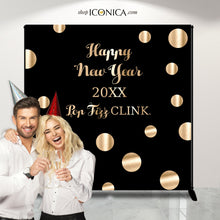 Load image into Gallery viewer, Pop Fizz Clink Photo Booth Backdrop, Black and Faux Gold backdrop, New Year Eve party, any type of event, Printed or Printable File
