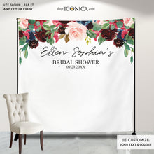 Load image into Gallery viewer, Bridal Shower backdrop Wedding Backdrop Floral Backdrop Burgundy Navy Watercolor Personalized step and repeat Engagement {AVA Collection}

