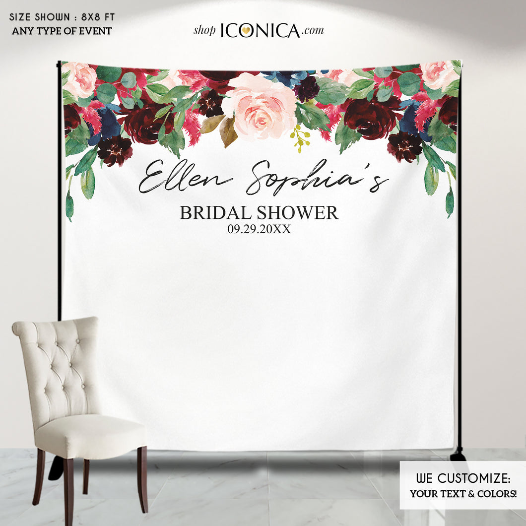 Bridal Shower backdrop Wedding Backdrop Floral Backdrop Burgundy Navy Watercolor Personalized step and repeat Engagement {AVA Collection}