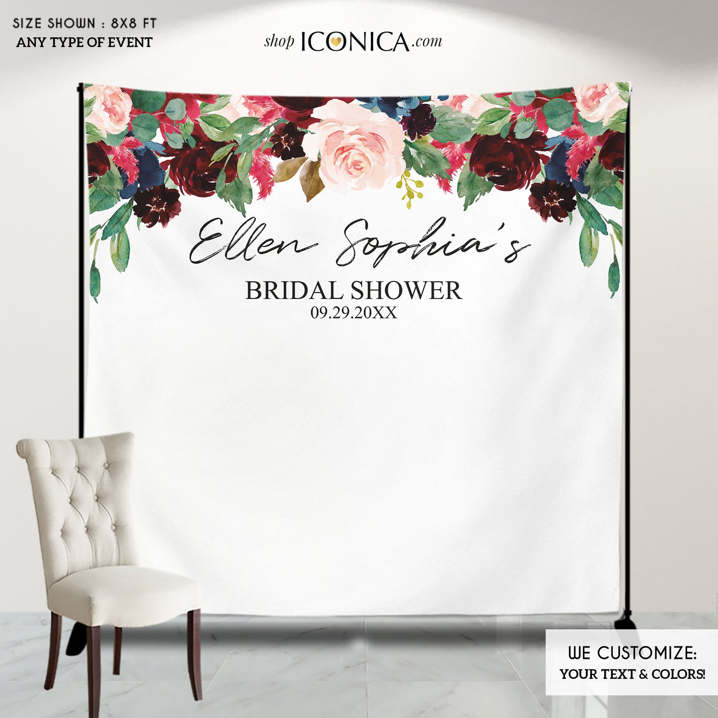 Wedding Backdrop Happily Ever After Backdrop Burgundy Navy Personalized step and repeat Engagement Party Shower backdrop {Ava Collection}