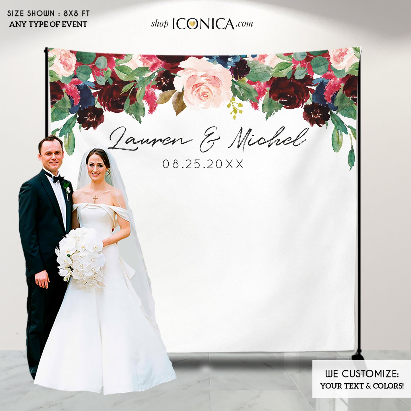 Bridal Shower backdrop Wedding Backdrop Floral Backdrop Burgundy Navy Watercolor Personalized step and repeat Engagement {AVA Collection}