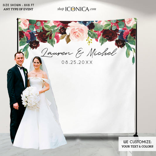 Wedding Backdrop Happily Ever After Backdrop Burgundy Navy Personalized step and repeat Engagement Party Shower backdrop {Ava Collection}