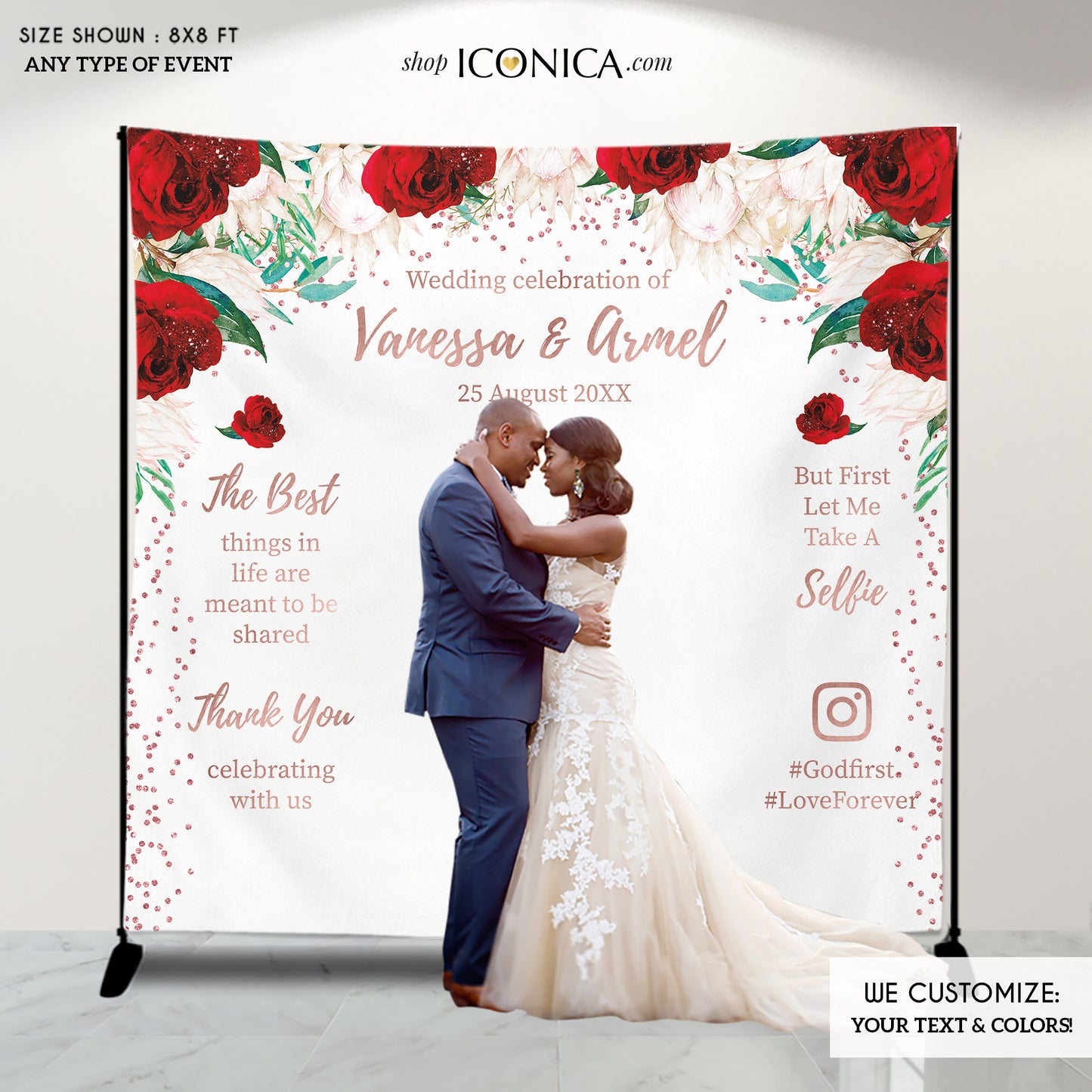 Wedding backdrop,White Red Rose Gold Wedding Decor, Engagement party, Floral Photo backdrop,Personalized Step And Repeat Backdrop, BWD0042