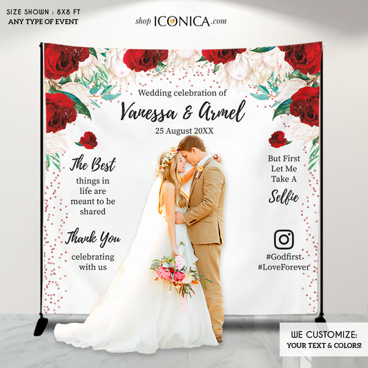 Wedding backdrop,White Red Rose Gold Wedding Decor, Engagement party, Floral Photo backdrop,Personalized Step And Repeat Backdrop, BWD0042
