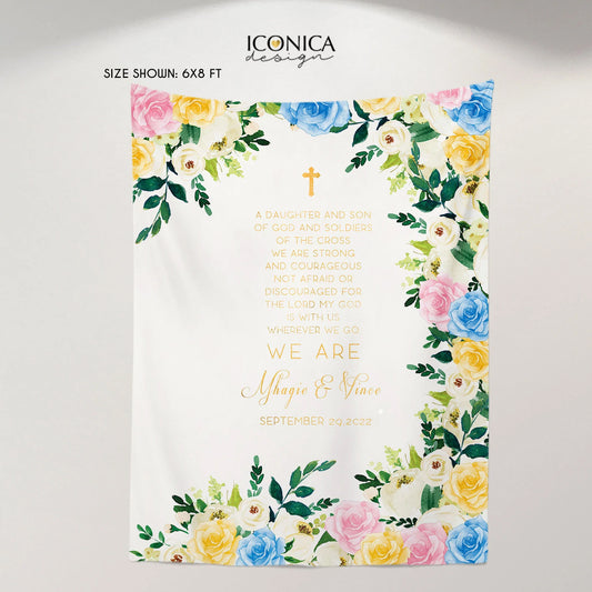 Baptism Backdrop, Floral and Greenery Backdrop, First Communion Backdrop, Personalized, Christening Backdrop, Religious Quote banner