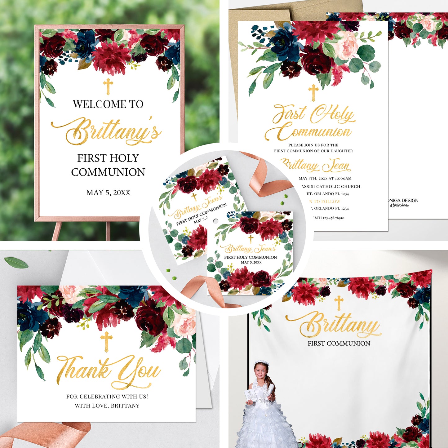 First Communion Invitation Girl Elegant Event Paper Set, Greenery Pink Blush Floral Simple and Elegant Communion Collection, Any Event