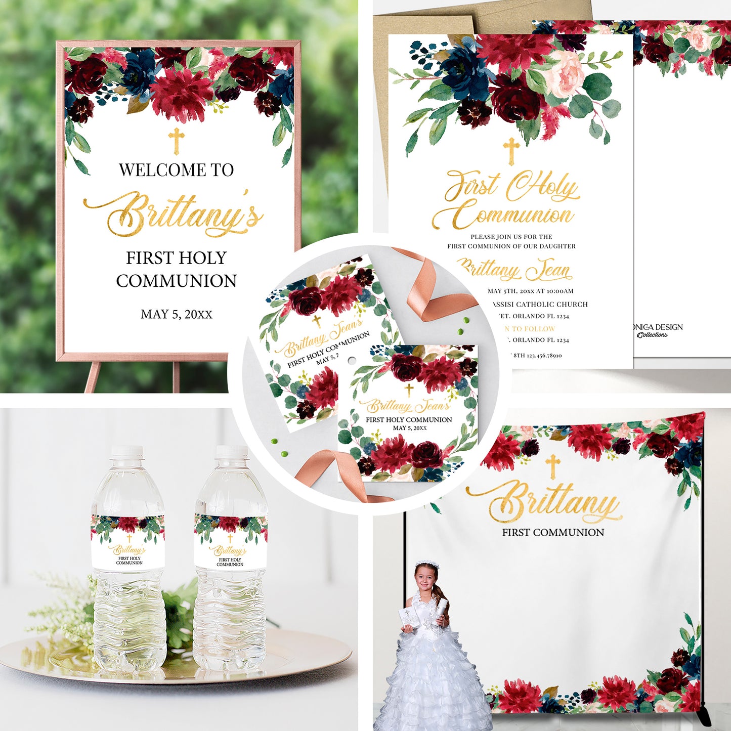 First Communion Invitation Girl Elegant Event Paper Set, Greenery Pink Blush Floral Simple and Elegant Communion Collection, Any Event