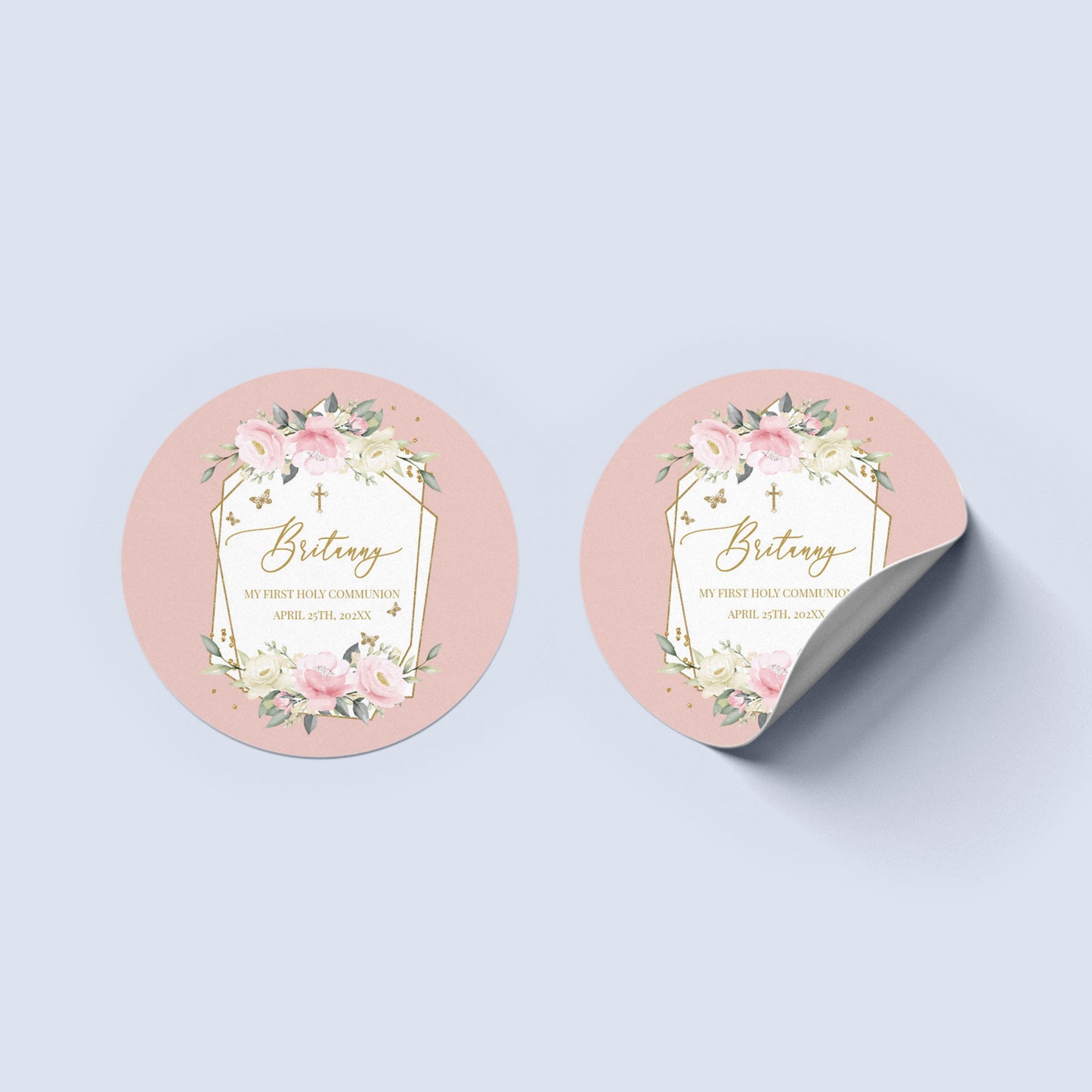 First Communion Invitation Girl Elegant Event Paper Set, Pink Floral and Butterflies Communion Collection, Any Religious Event