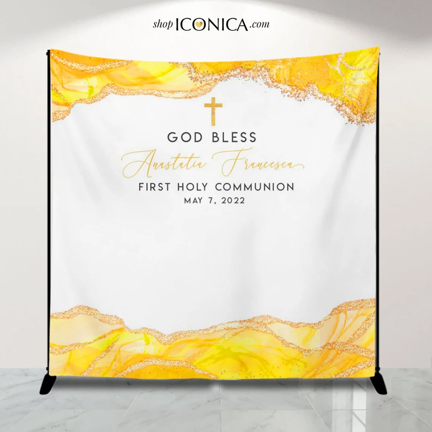 First Communion backdrop Boy or Girl Geode Theme Yellow Agate, Communion backdrop boy, First Holy Communion Photo backdrop, Communion Banner