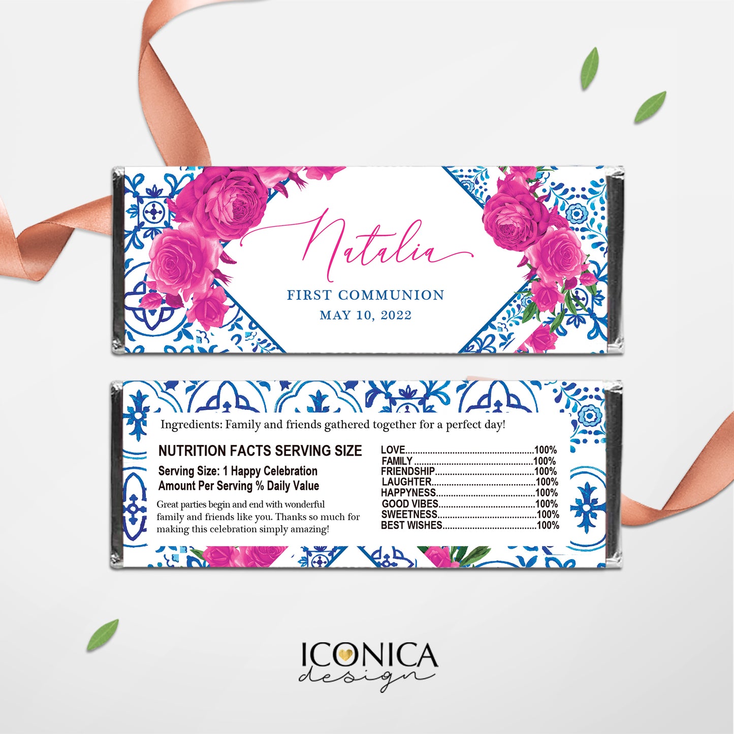Tuscan Pink Floral First Communion Chocolate Wrapper