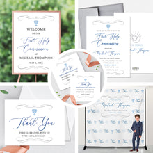 Load image into Gallery viewer, First Communion Invitation Boy Elegant Event Paper Set, Classic and Simple Chalice and Doves Communion Collection, Any Religious Event
