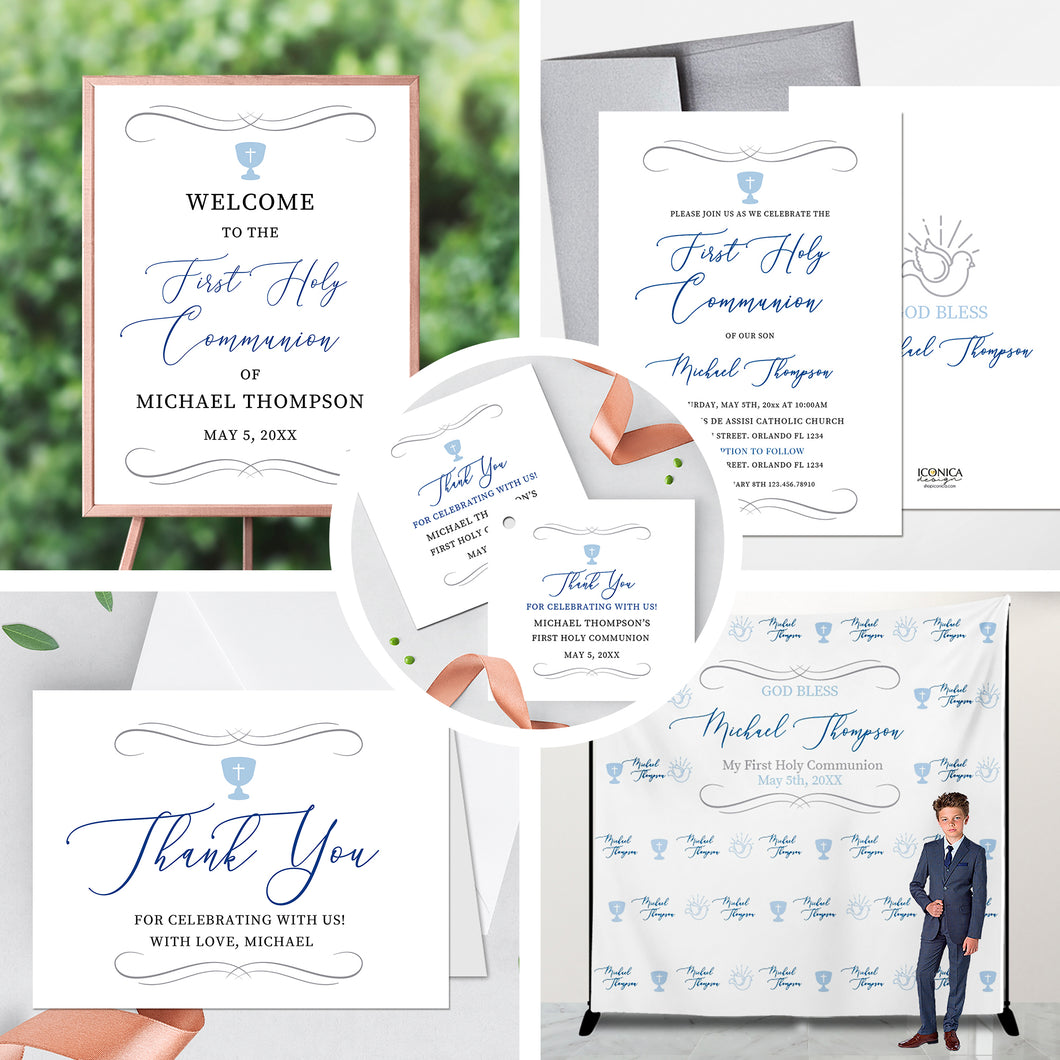 First Communion Invitation Boy Elegant Event Paper Set, Classic and Simple Chalice and Doves Communion Collection, Any Religious Event
