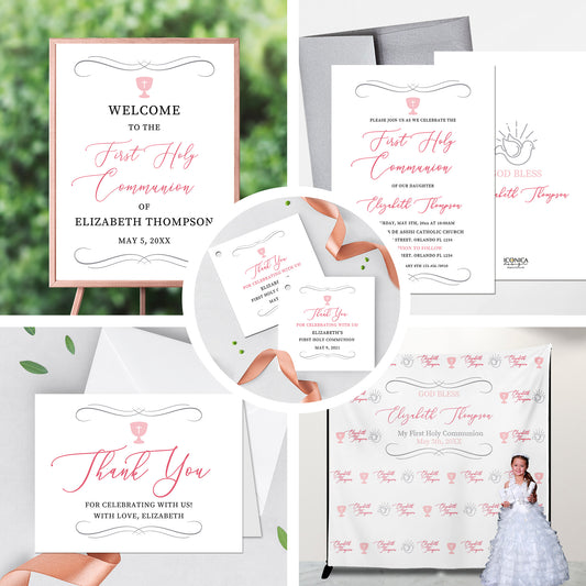 First Communion Invitation Girl Elegant Event Paper Set, Classic and Simple Chalice and Doves Communion Collection, Any Religious Event
