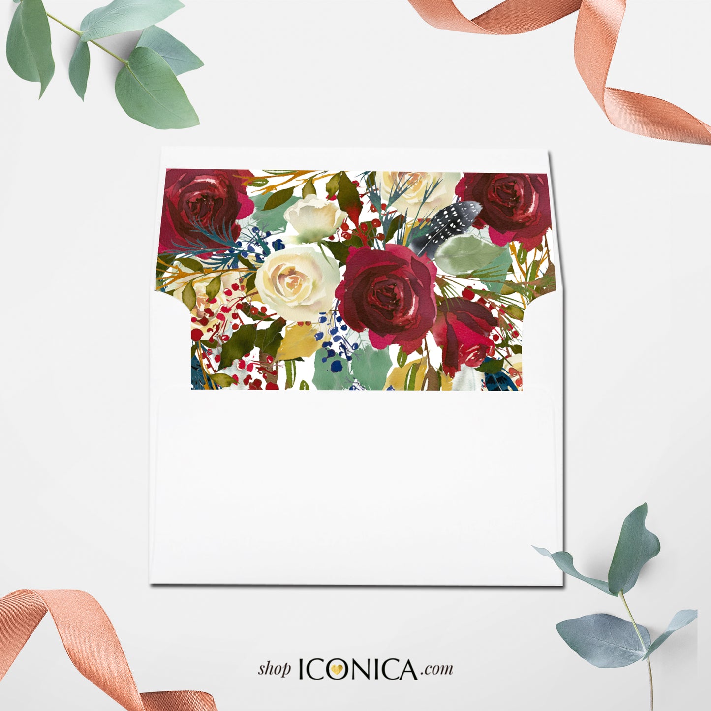 Boho Chic Wedding Invitation Burgundy Red Floral and Navy Feathers Invitation Printed Cards {Cherish Collection}