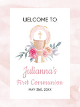 Load image into Gallery viewer, First Communion Invitation Girl Elegant Communion Decorations for Girl Event Paper Set, Pink Gold Chalice Floral Watercolor Design
