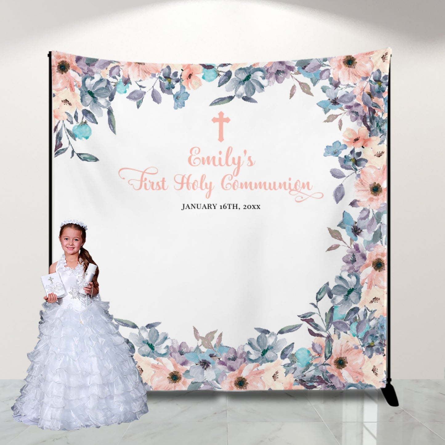 First Communion Invitations, Invitation Romantic Floral Invitation Blush and Dusty Blue Floral Design Printed
