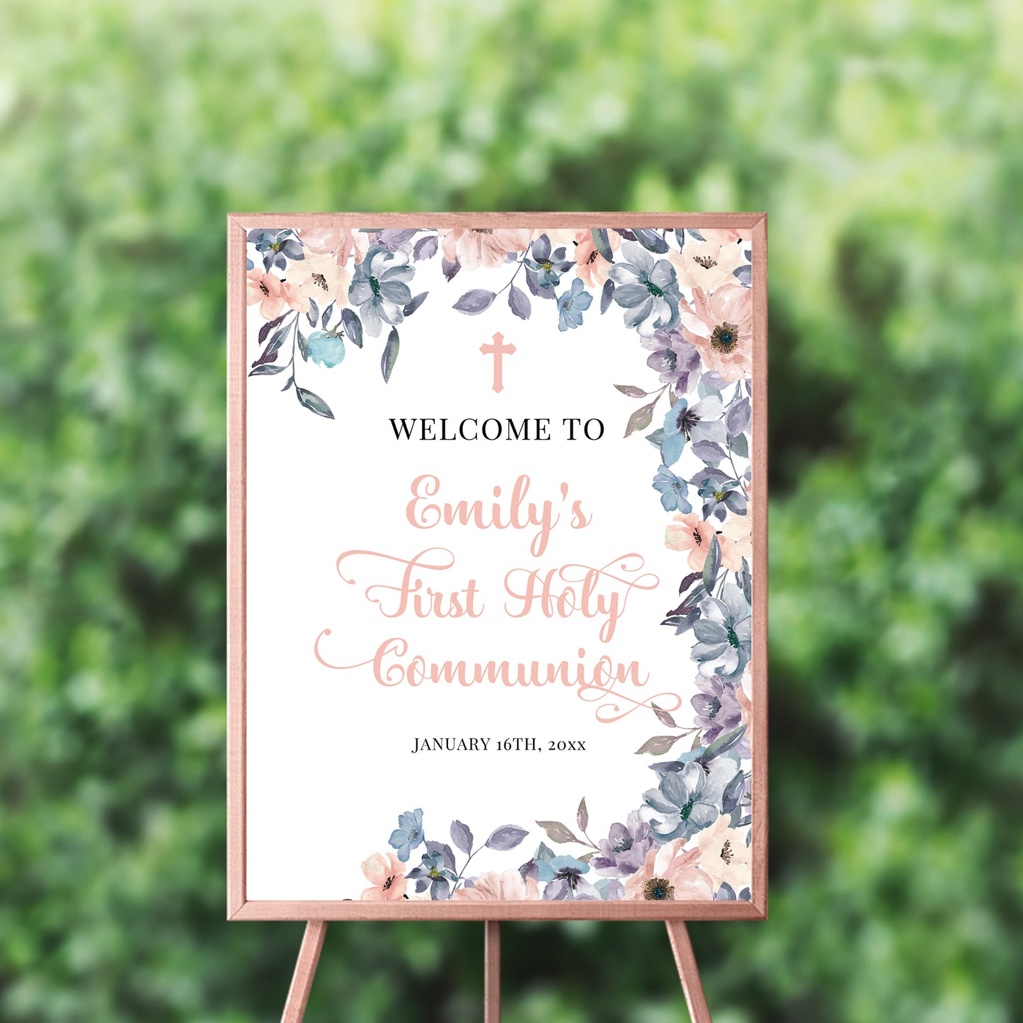First Communion Invitations, Invitation Romantic Floral Invitation Blush and Dusty Blue Floral Design Printed