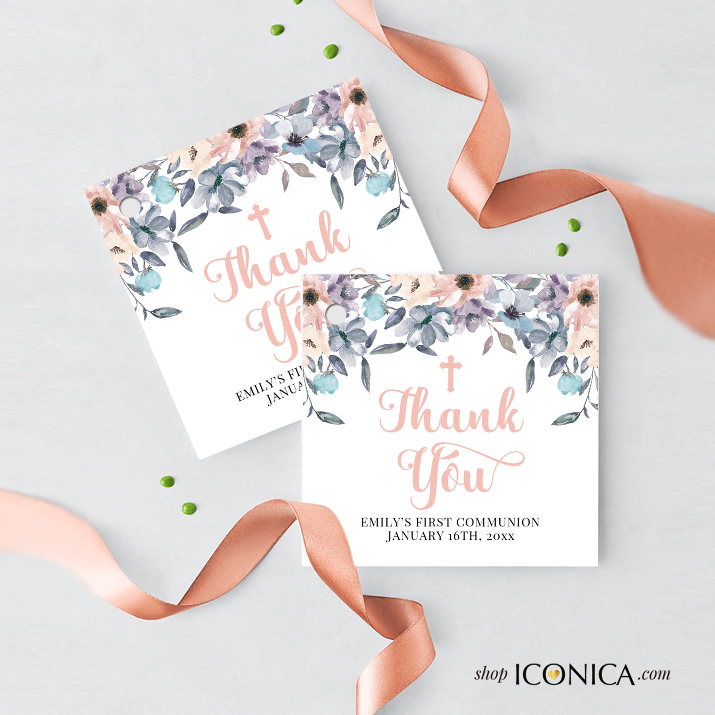First Communion Invitations, Invitation Romantic Floral Invitation Blush and Dusty Blue Floral Design Printed