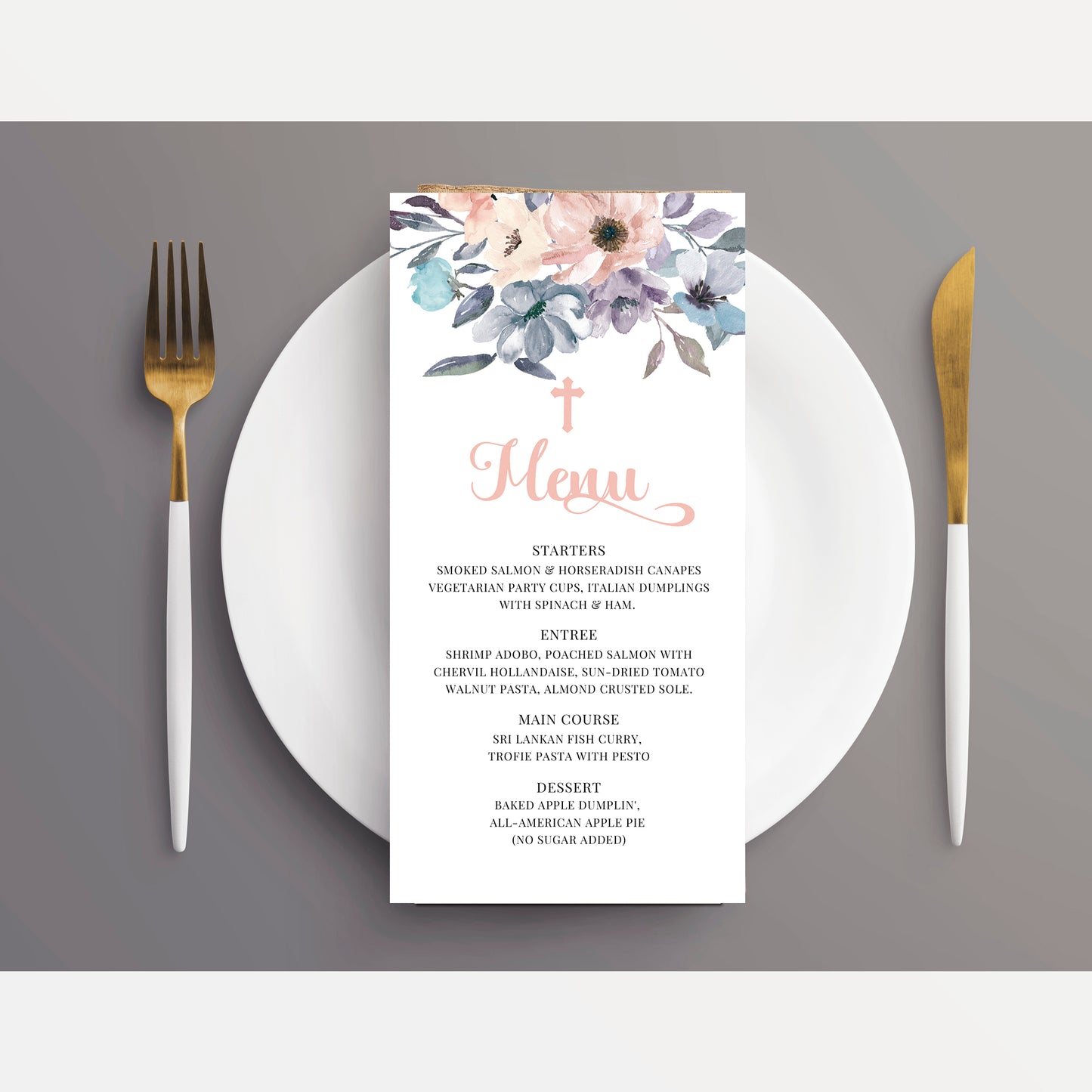 First Communion Invitations, Invitation Romantic Floral Invitation Blush and Dusty Blue Floral Design Printed
